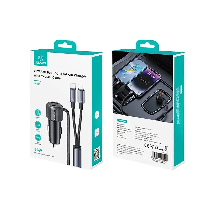 شارژر فندکی یوسمز مدل CC287 A+C Dual-port Car Charger C+L 2in1 Cable توان 66 وات - Image 4